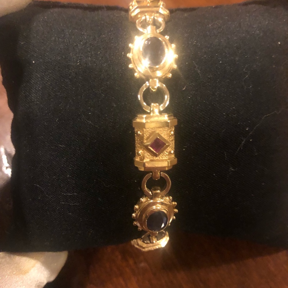 🌷Etruscan Revival Statement Bracelet Multi Colored Gemstones 14K Gold - Picture 8 of 16